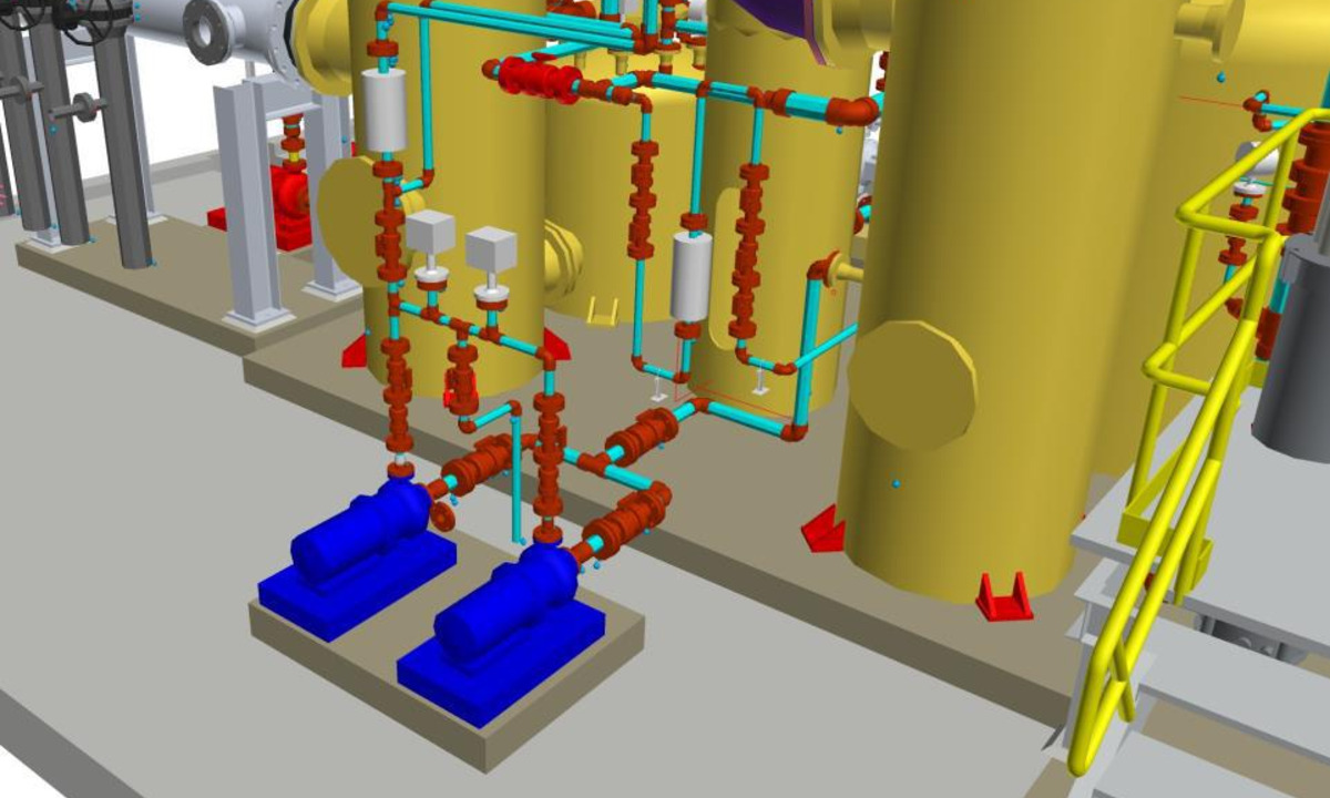 3D CAD model of chemical plant process piping, pumps and vertical vessels designed by Bilgehan Arat