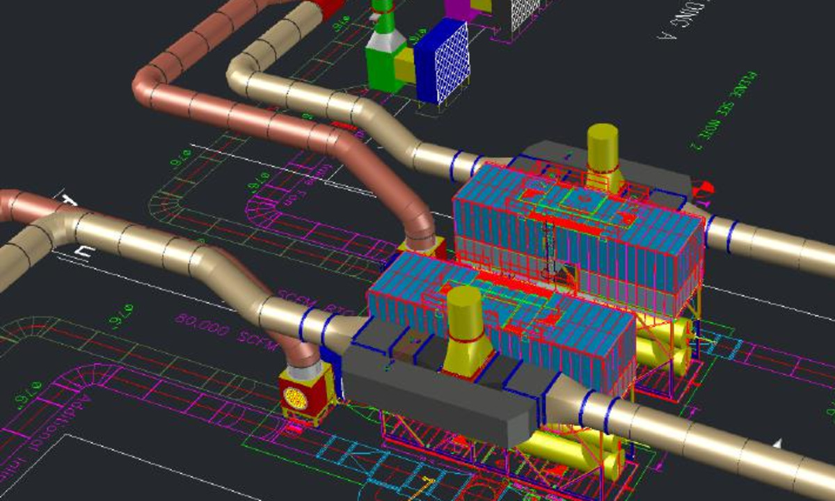 3D engineering layout of a thermal oxidizer with industrial ducting and process piping